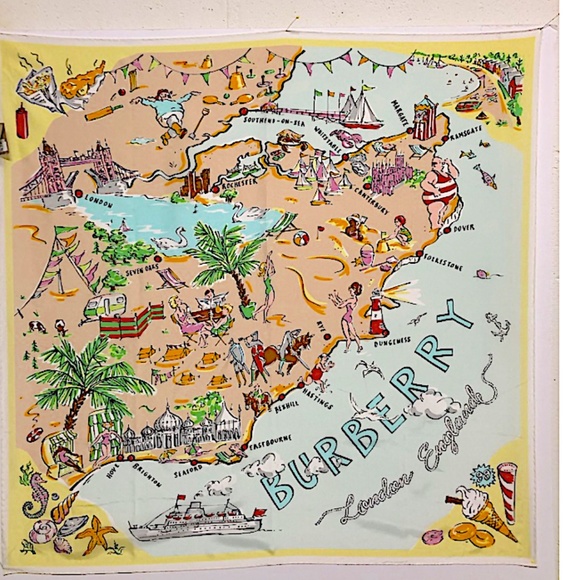 Burberry Seaside Beach Holiday Print Square Scarf Pale Yellow  90 X 90cm - Picture 1 of 11